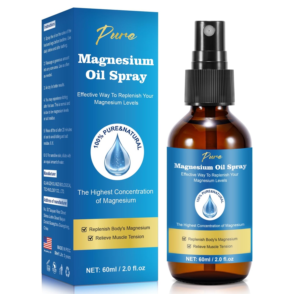 Pure Magnesium Oil Spray,Magnesium Spray,Magnesium Oil for Feet, Magnesium Glass Bottle,2 fl oz/60ml, Easy to Absorb and Use