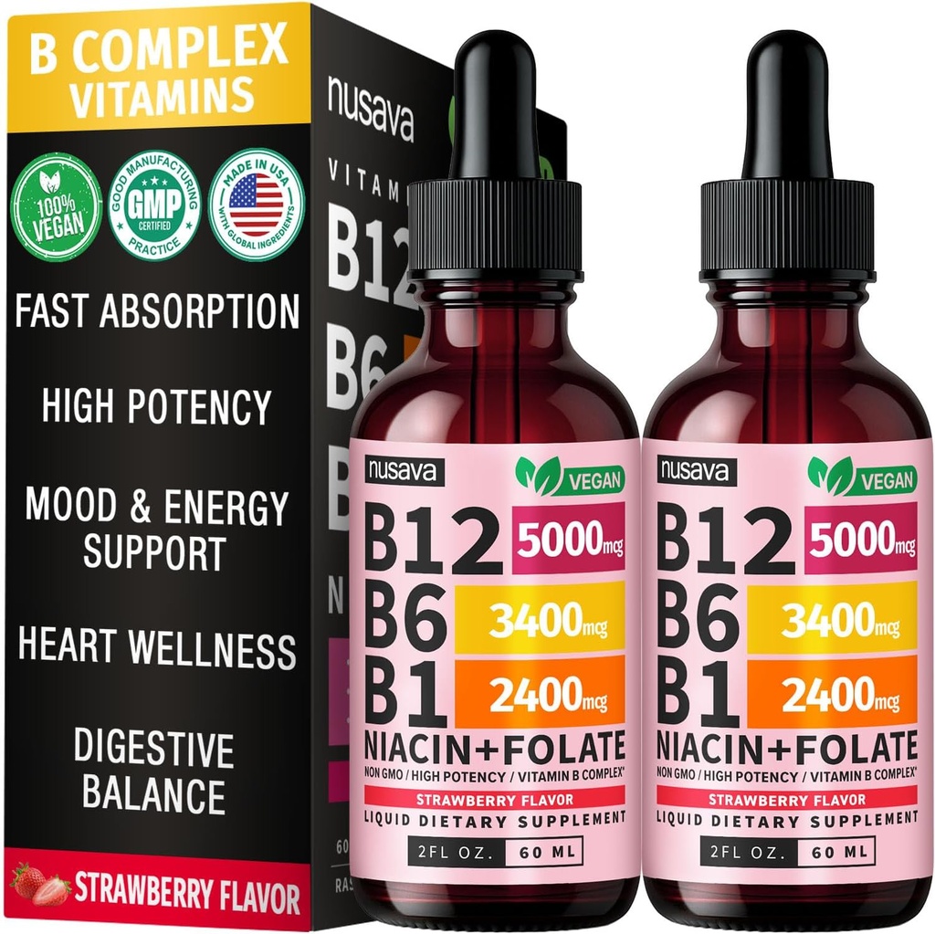 (2 Pack) Vitamin B12 and B6 Liquid Drops, B12 Sublingual Vitamin B Complex - B 12 Vitamin 5000mcg - B12 Methylcobalamin for Energy, Brain, and Heart Support with 27,200 mcg, Strawberry, 80 Servings