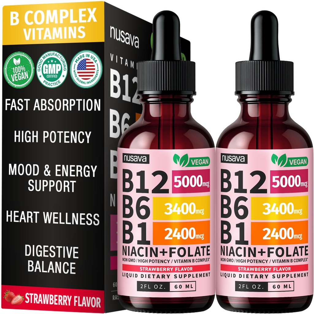 (2 Pack) Vitamin B12 og B6 Flydende dråber, B12 Sublingual Vitamin B Complex - B 12 Vitamin 5000mcg - B12 Methylcobalamin til energi, hjerne, og hjerte støtte med 27,200 mcg, Strawberry, 80 Servering
