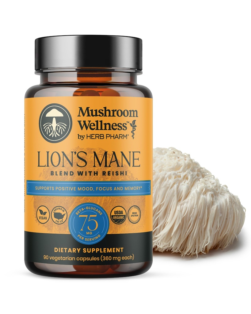 Mushroom Wellness Lions Mane Blend med Reishi: Organic Lions Mane & Reishi Mushroom Capsules, Mushroom Powder Supplement, understøtter kognitiv sundhed, hukommelse og mental fokus, 90 Vegan Capsules