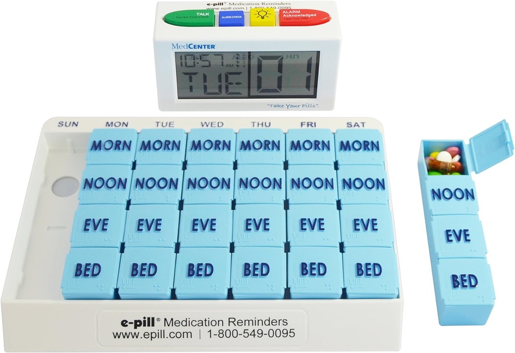e- Pill 4 gange en dag x 7 dag Stor Ugentlig Pill Organizer, Vitamin, og Medicin Pillbox - med 4 Alarm Talking Reminder