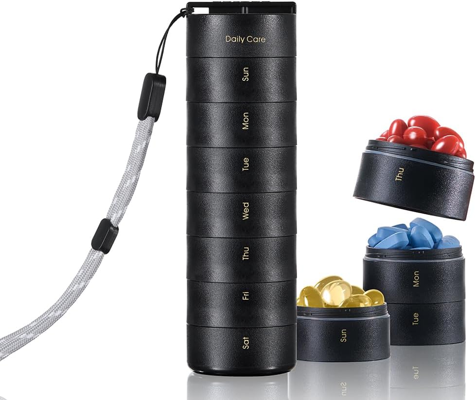 Ankomn Travel Vitamin Organizer - Stabil Daily Organizer med Secure Twist Lid, lufttæt & letvægt til On- The- Go. Holdbar BPA- fri materiale, Great for piller, Kosttilskud og vitaminer (sort)