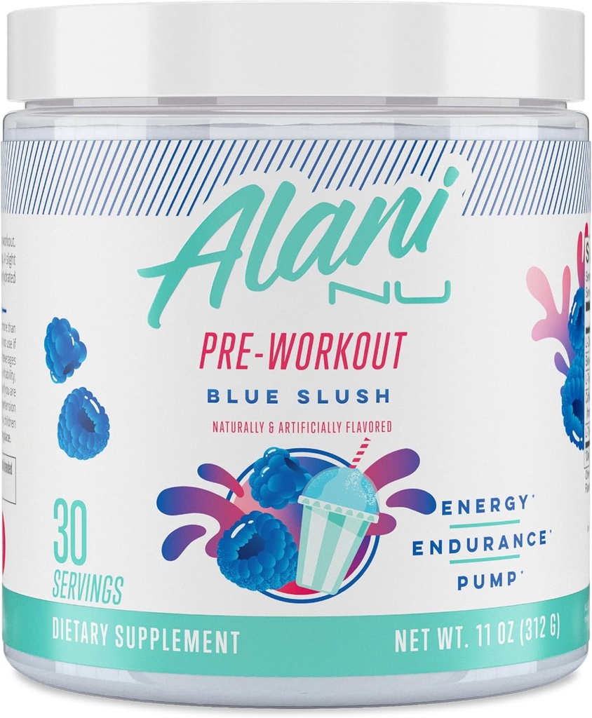 Alani Nu Pre Workout Powder Blue Slush, Amino Energy Boost, Endurance Supplement, Sugar Free, 200mg Koffein, L- Theanine, Beta- Alanine, L- Citrullin, 30 Serveringer