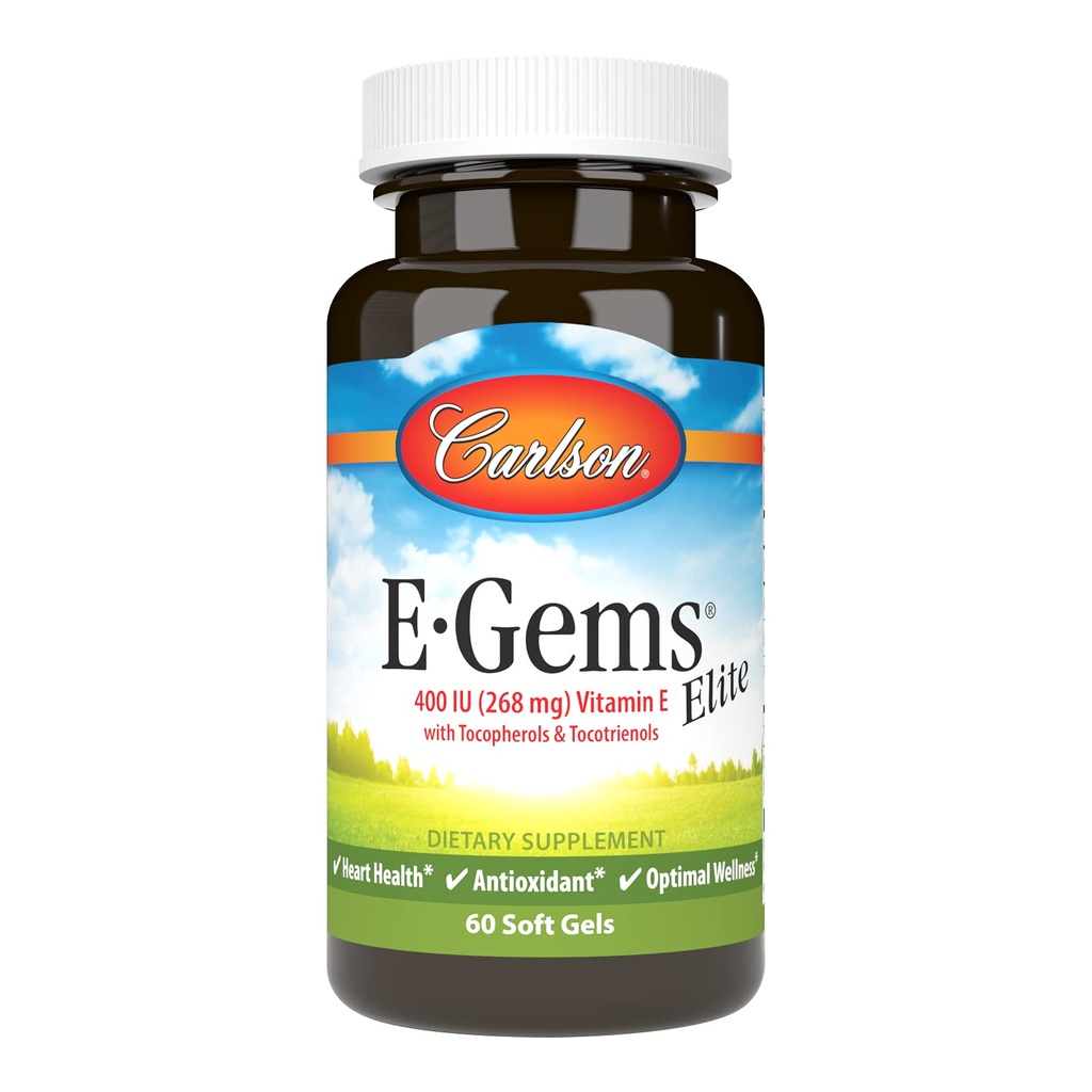 Carlson - E- Gems Elite, 400 IE E-vitamin med tocopheroler & tocotrienoler, Heart Health & Optimal Wellness, Antioxidant, 60 bløde geler