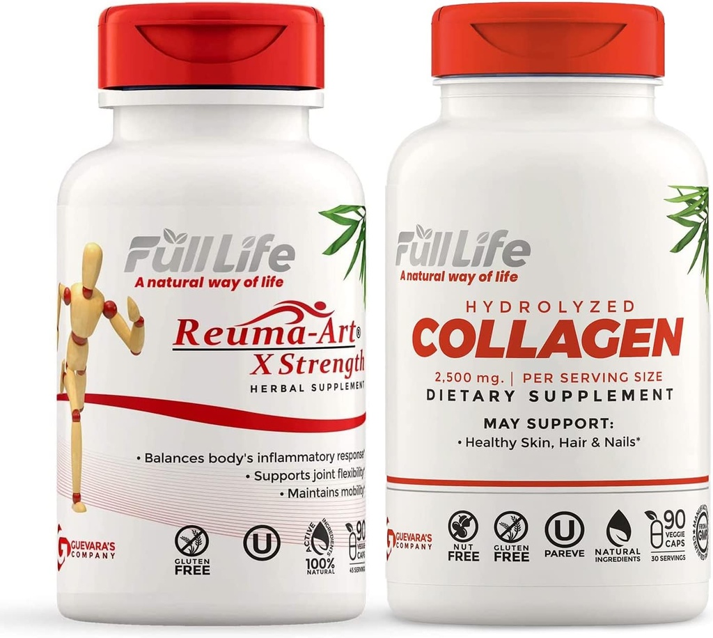 Full Life Reuma- Art X Styrke og hydrolyseret Collagen - Fælles Support - Bovine Collagen Pills - Kosher, Gluten- Free - 90 Veggie Kapsler Hver