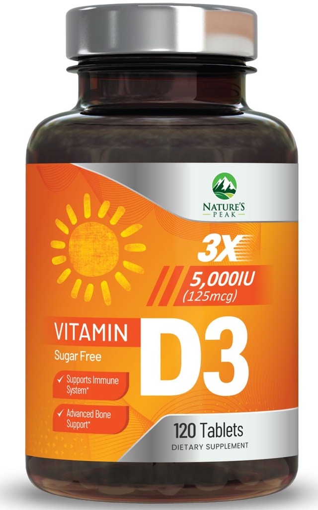 Vitamin D3 5000iu (125 mcg) immunforsvar - høj potens D-vitamin Kosttilskud til ben, tænder, muskel - Nature 's VIT D, Vegan, Gluten Free, Raspberry Flavor - 120 tyggetabletter