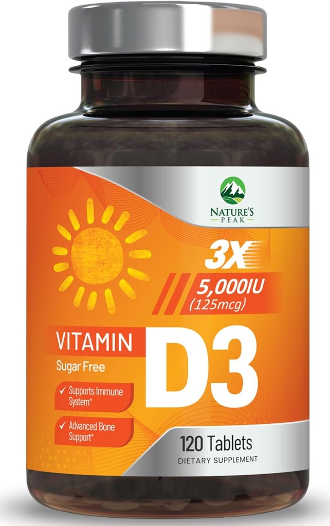 Vitamin D3 5000iu (125 mcg) immunforsvar - høj potens D-vitamin Kosttilskud til ben, tænder, muskel - Nature 's VIT D, Vegan, Gluten Free, Raspberry Flavor - 120 tyggetabletter
