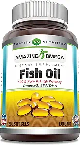 Amazing Omega Fish Oil 1000 mg Softgels Supplement: 124; Omega-3, 180 mg EPA. 120 mg DHA; 124; Høj potens (400 Greve; 124; 2 Pack)