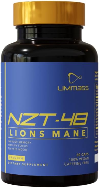 NZT-48 Premium Brain Booster - Lions Mane Supplement kapsler - Nootrop Brain Kosttilskud til hukommelse og fokus - Brain Pills - Naturlig energi - Koffein fri, Phosphatidylserine, 30 Servering