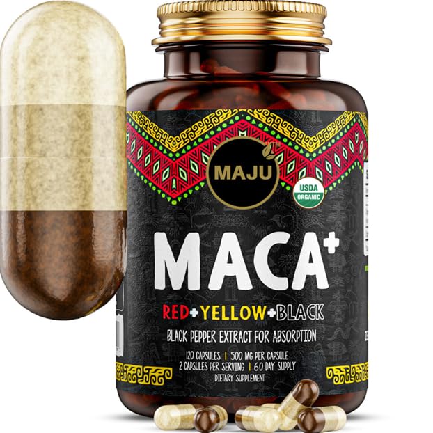 Maju Superfoods 4- in-1 Maca Root Capsules, Organic Black, Yellow & Red Roots w Black Pepper Extract for Absorption (120 ct)