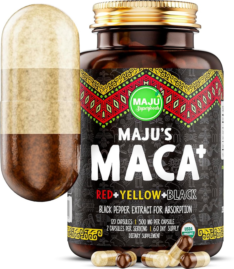 Maju Superfoods 4- in-1 Maca Root Capsules, Organic Black, Yellow & Red Roots w Black Pepper Extract for Absorption (120 ct)