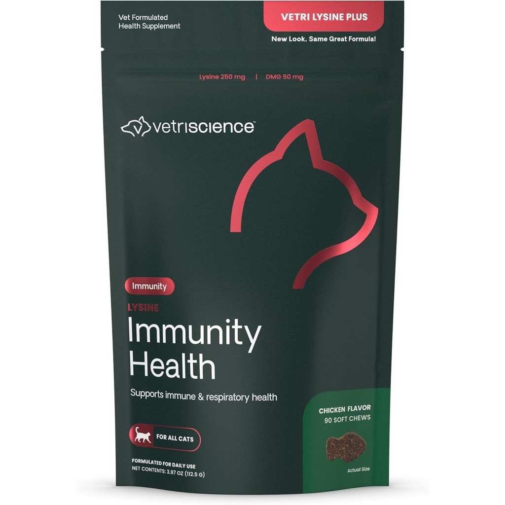 VetriScience Lysin Immunity Health Chews, 250 mg Lysin Plus immunsupplement til katte og killinger med allergier, nysen, runny Næse og ure øjne, kylling, 90 Greve