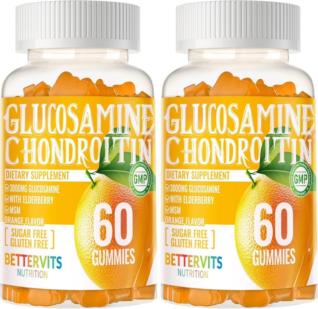 Glucosamin Chondroitin Gummies med MSM & Elderberry Extra Strength - fælles støtte, Antioxidant immunsupport supplement til voksne, Mænd & Women120 Orange Gummies