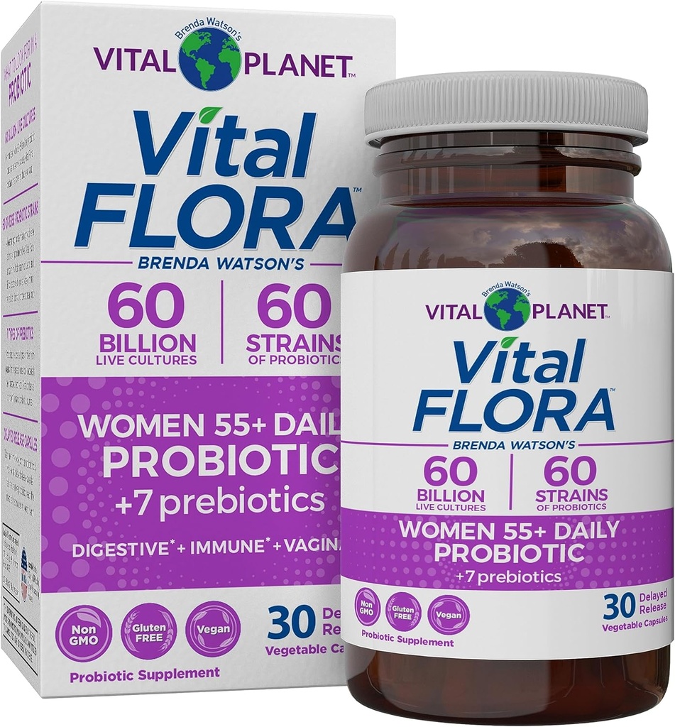 Vital Planet - Vital Flora Kvinder Over 55 Daglige Probiotika, 60 Millioner CFU, Diverse Strops, Organic Prebiotika, Vaginal og immunforsvar, Fordøjelsesmedicin Probiotika til Kvinder 30 Kapsler