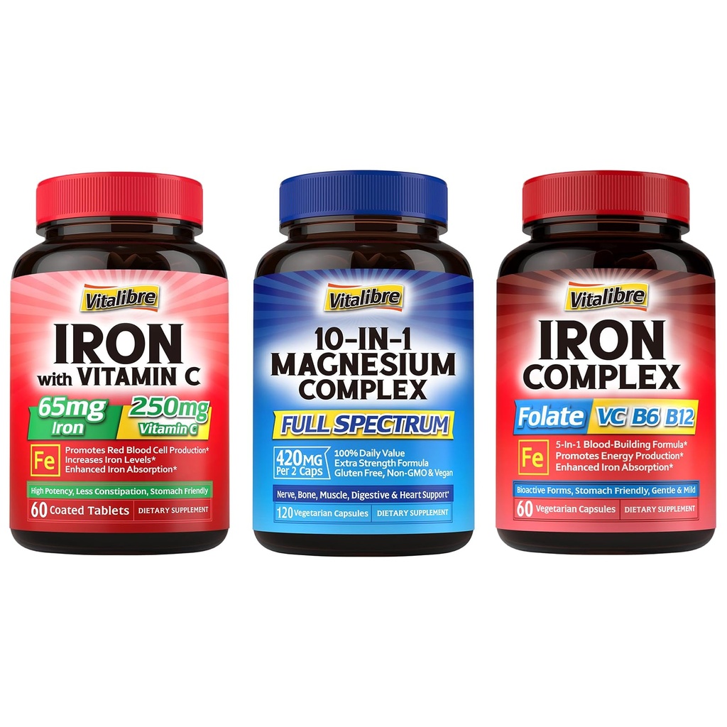 10 i 1 Magnesiumkompleks & jerntilskud, 65mg carbonyl jern med 250 mg vitamin C & 5 i 1 jernkompleks