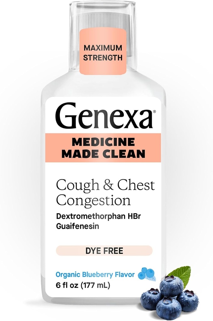 Genexa Clean Hough & Chest Congestion Relief, Dye Free, 0% Kunstige Tilsætningsstoffer, Multi- symptom Maksimal Styrke Relief Hough Syrup, Host suppressant & Expectorant, Organic Blueberry Flavor, 6 fl oz