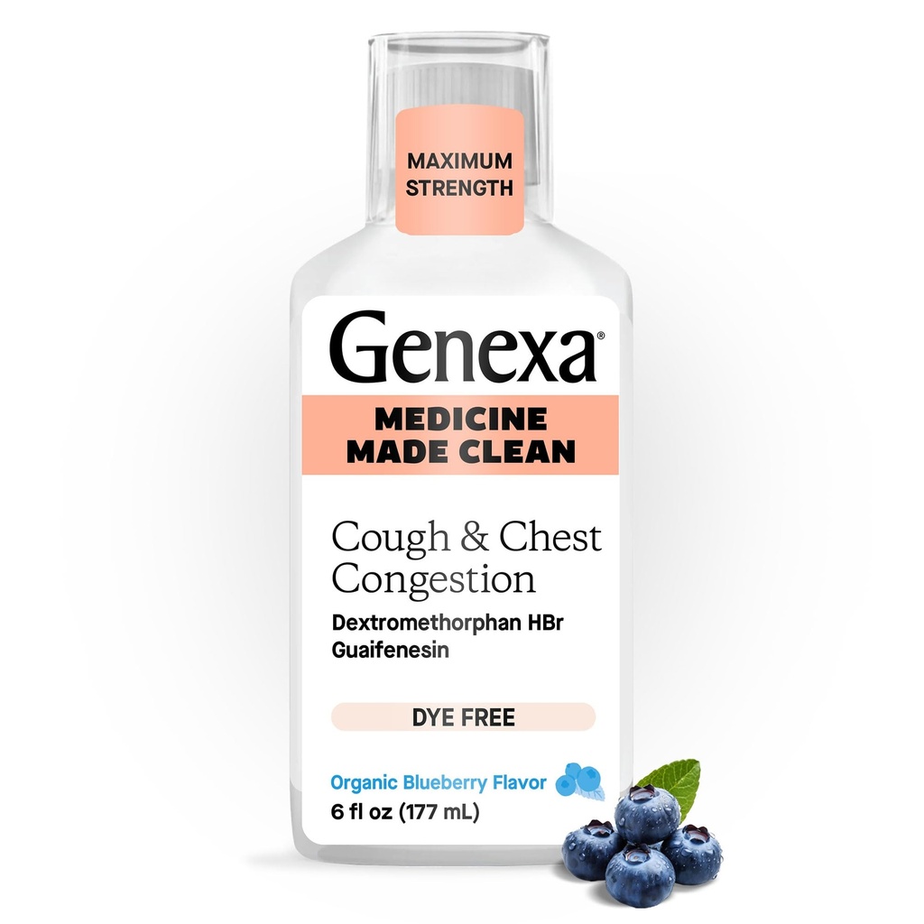 Genexa Clean Hough & Chest Congestion Relief, Dye Free, 0% Kunstige Tilsætningsstoffer, Multi- symptom Maksimal Styrke Relief Hough Syrup, Host suppressant & Expectorant, Organic Blueberry Flavor, 6 fl oz
