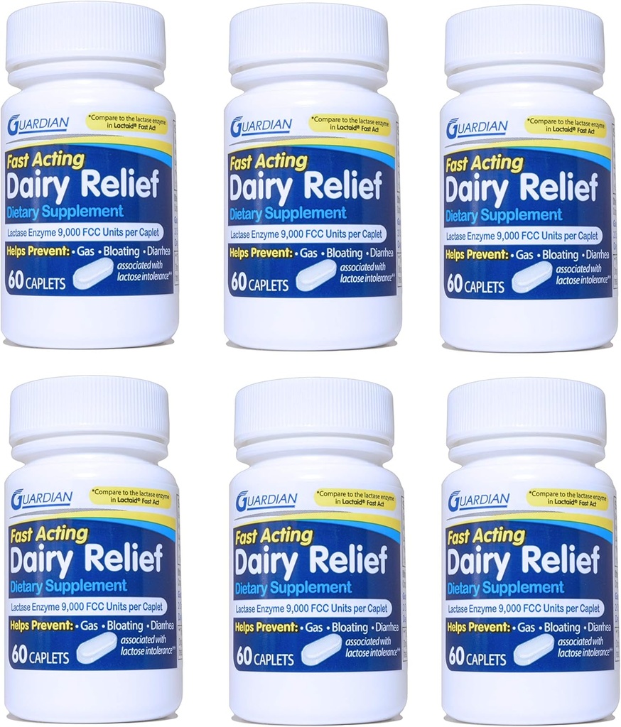Guardian Dairy Relief Fast Active Caplets, 9000 FCC, Lactose Intolerance Pills, Lactase Enzyme (360CT (flasker))