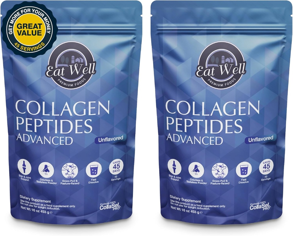 EAT WELL JODS Collagen Peptider Powder Protein 45 Servering, 16oz, Collagen til hud, ben og fælles støtte, Type I & III Græs Fed Collagen (45 Servering (pakke af 2), Ikke aromatiseret)