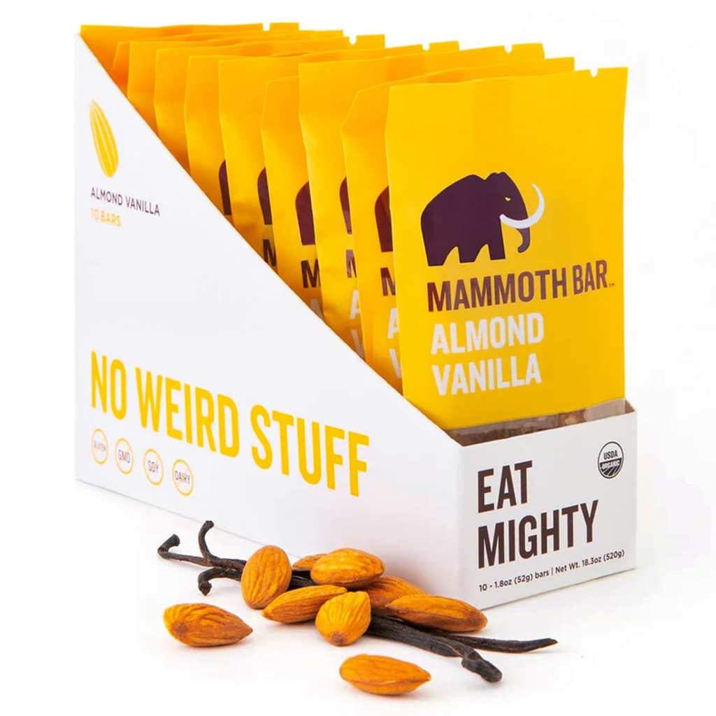 Mammoth Bar Mandel Vanilla Bar - 10 Organic Protein Bars - Prebiotic • Paleo • Gluten Free • Egg Protein • GMO Free • Raw • Premium Nuts