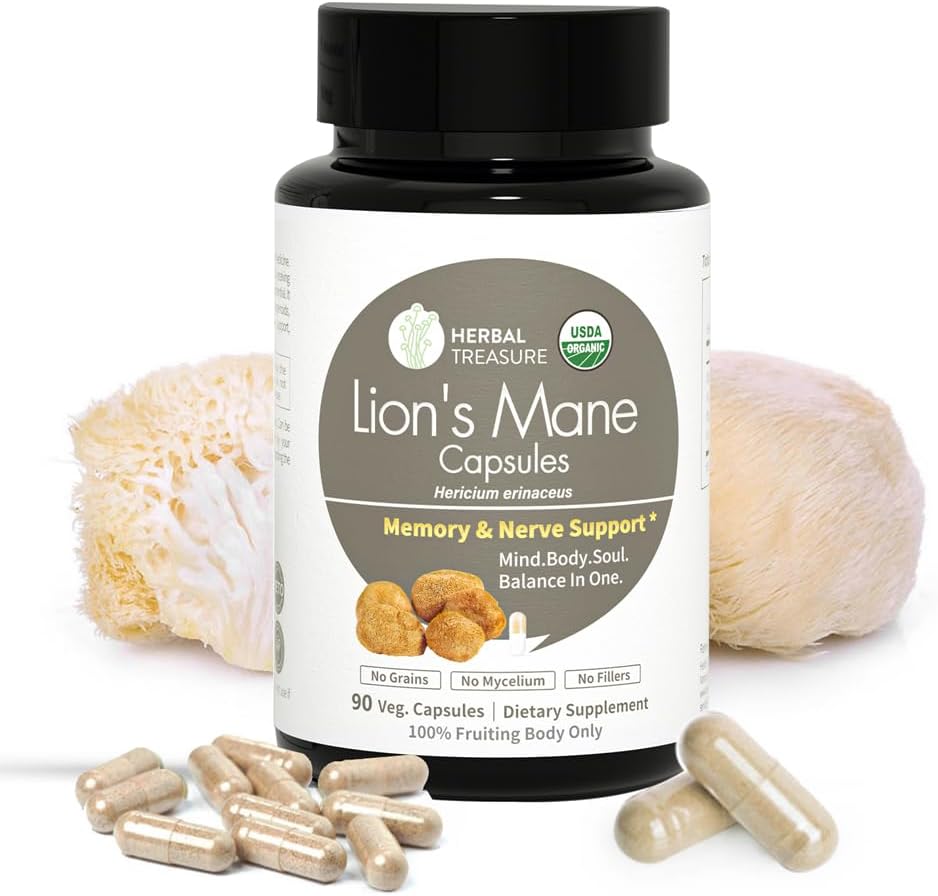 Herbal Treasure Lions Mane Supplement kapsler, Lavet med Organic Lions Mane Powder for Mental Clarity og Focus Kosttilskud, 800mg Lions Mane Powder Organic Organic Mushroom Supplement 90 Caps