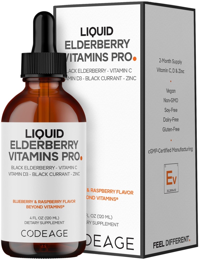 Kodeage Elderberry Vitaminer Pro - Økologisk Black Elderberry Liquid Drops - Vitamin C, D3, Zink, Sort Currant - 2 - Måned Supply - Black Sambucus Liquid - Supplement til voksne & Børn - 4 fl oz