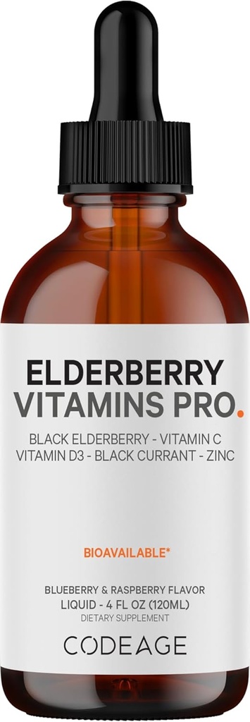 Kodeage Elderberry Vitaminer Pro - Økologisk Black Elderberry Liquid Drops - Vitamin C, D3, Zink, Sort Currant - 2 - Måned Supply - Black Sambucus Liquid - Supplement til voksne & Børn - 4 fl oz