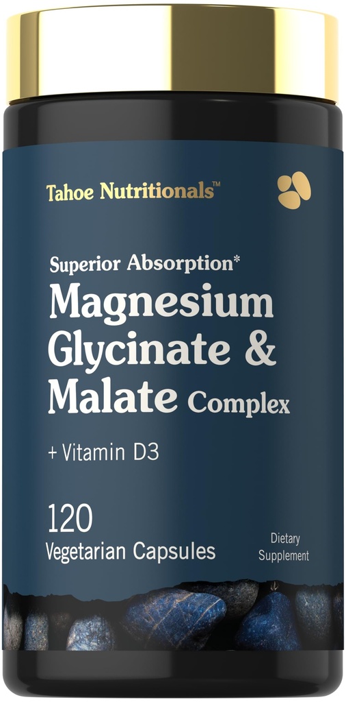 Tahoe Nutritionals Magnesium Glycinat og Malat Complex 124; med D3- vitamin 124; 120 Kapsler 124; Superior Absorbate 124; Non- GMO og Gluten Free Formel