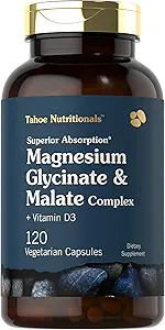 Tahoe Nutritionals Magnesium Glycinat og Malat Complex 124; med D3- vitamin 124; 120 Kapsler 124; Superior Absorbate 124; Non- GMO og Gluten Free Formel