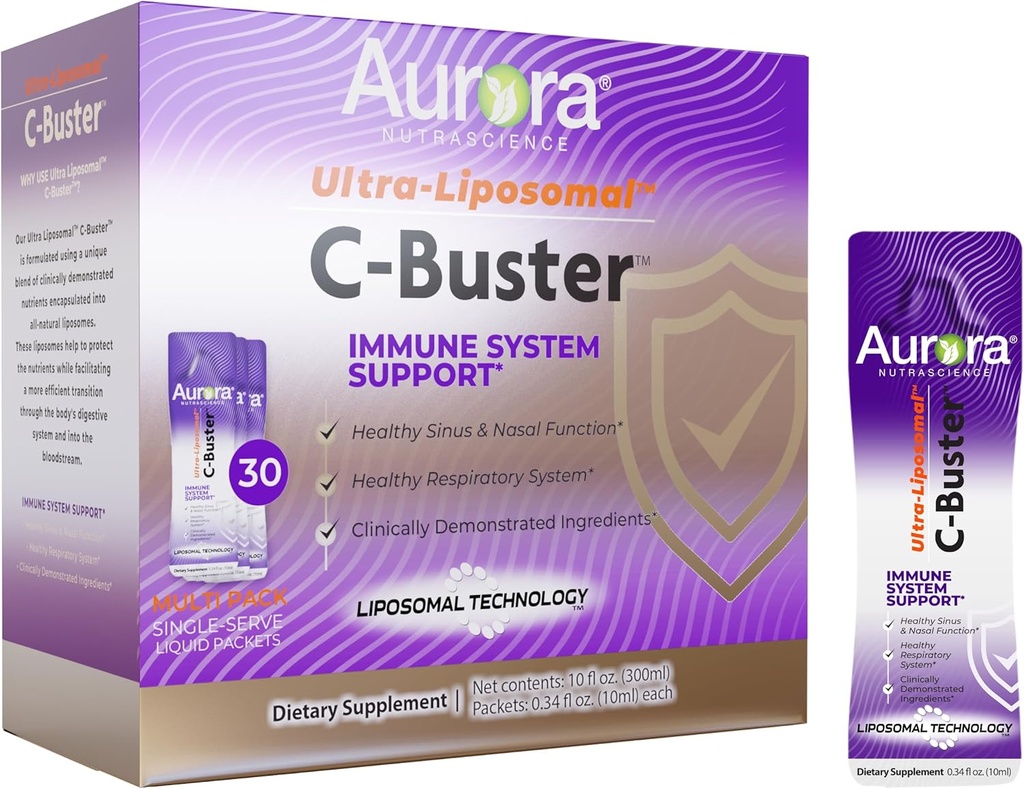 Aurora Nutrascience Ultra Liposomal C- Buster Immunsystem Support, C-vitamin, D-vitamin, Zink, Elderberry, Pelargonium, Vitamin K & Ginseng, 30 Pakninger, 10 ML
