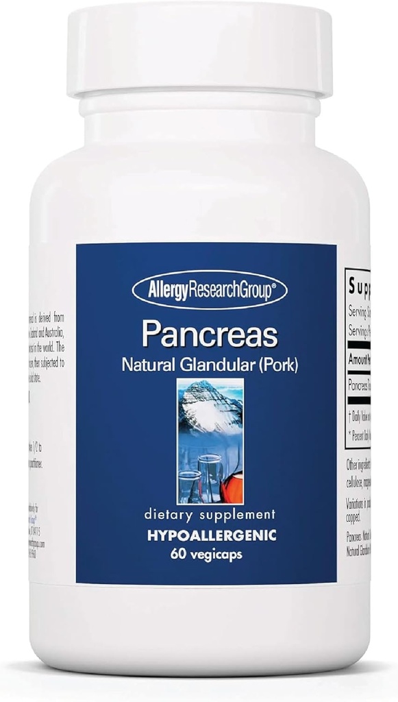 Allergy Research Group Pancreas Pork Supplement - Pancreas Natural Glandular, 425mg Pancreatic Enzymes, fordøjelige enzymer Amylase, Protease - 60 Greve