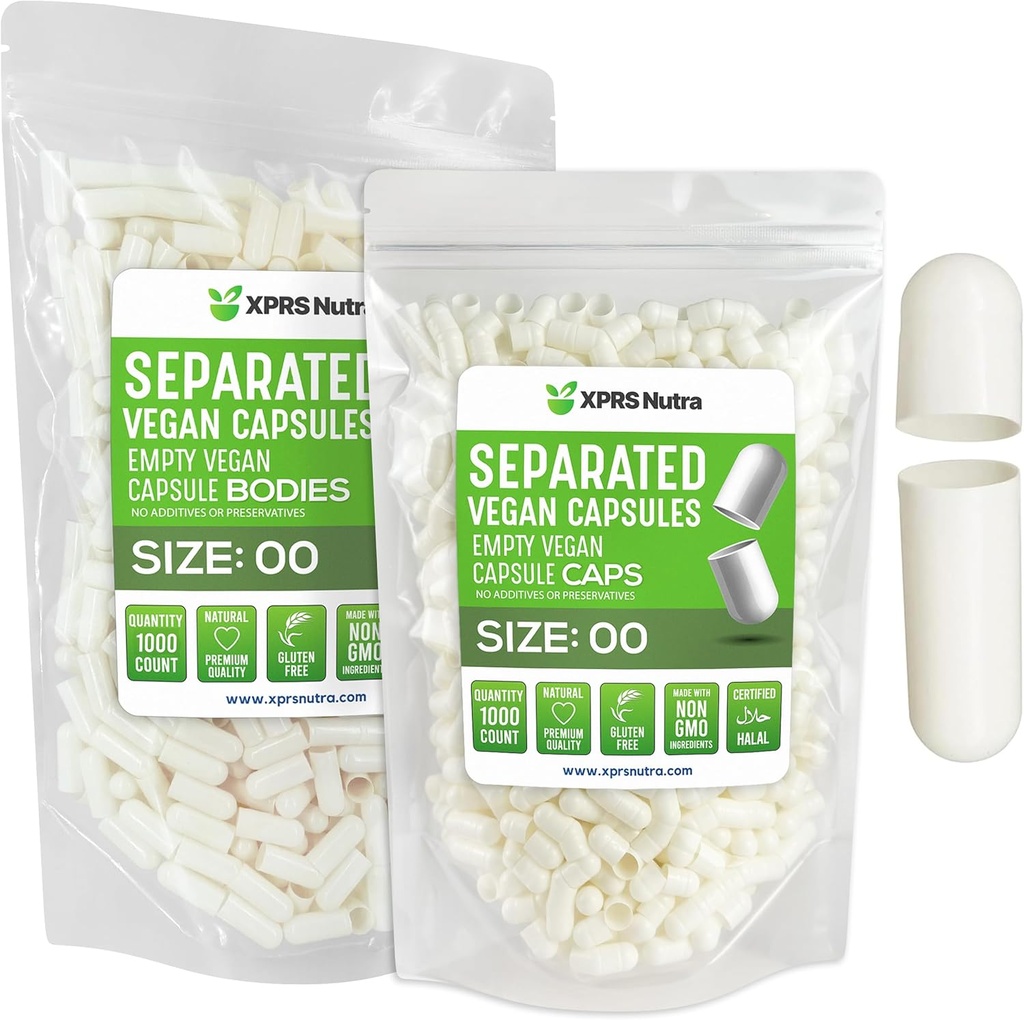 XPRS Nutra Vegan Størrelse 00 Separated Kapsler - 1000 Grev Premium Tomme Kapsler Separeret i sække - 00 Piller Tom for DIY Supplement Fyldning (hvid)
