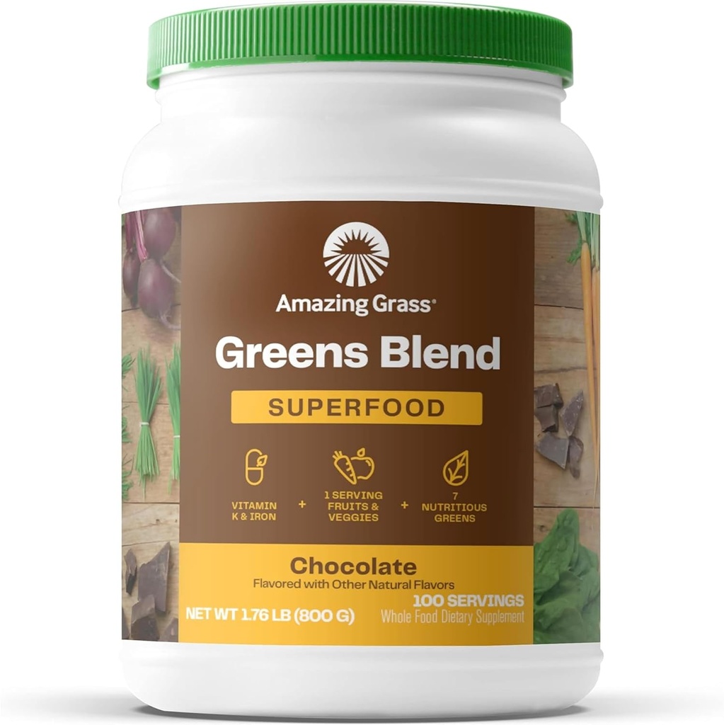Amazing Grass Green Superfood Powder: Grønne pulver med fordøjelige enzymer & probiotika, Organic Spirulina, Chlorella, og Beet Root Powder, Chokolade, 100 Servere
