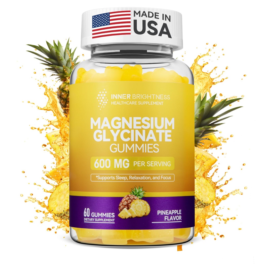 Magnesium Glycinat Gummies 600mg, Non- GMO, Glutenfri, Magnesium Gummies for voksne & Børn, Søvn, Afslapning & Fokus, Pineapple Navor, 60 Greve