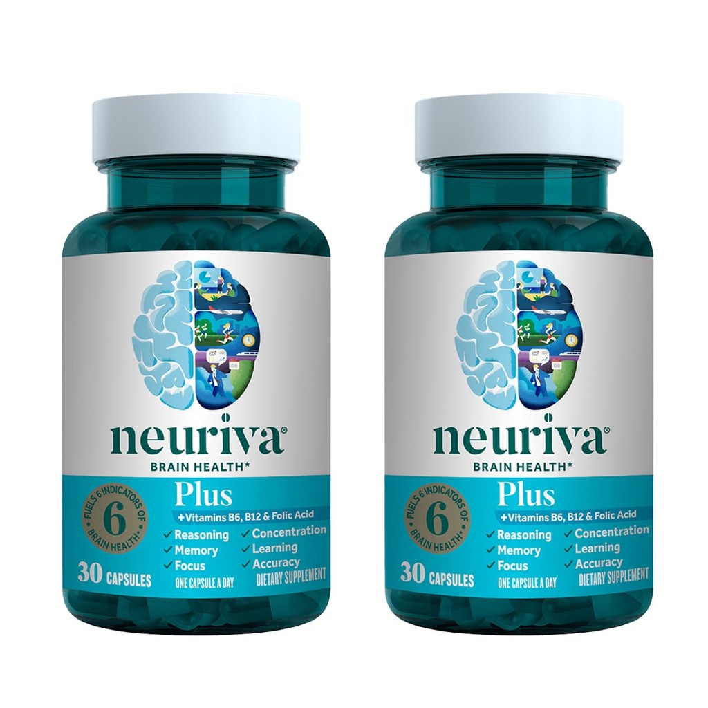 NEURIVA Plus brain supplement til hukommelse, fokus og koncentration + kognitiv funktion med klinisk testet Nootropics Phosphatidylserin og Neurofaktor, VIT B6 & B12, 30 Count Capsules (2 Pack)