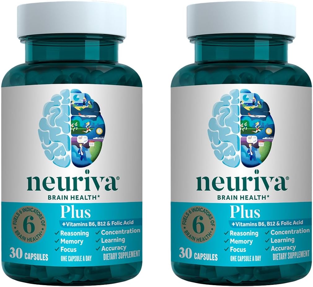 NEURIVA Plus brain supplement til hukommelse, fokus og koncentration + kognitiv funktion med klinisk testet Nootropics Phosphatidylserin og Neurofaktor, VIT B6 & B12, 30 Count Capsules (2 Pack)