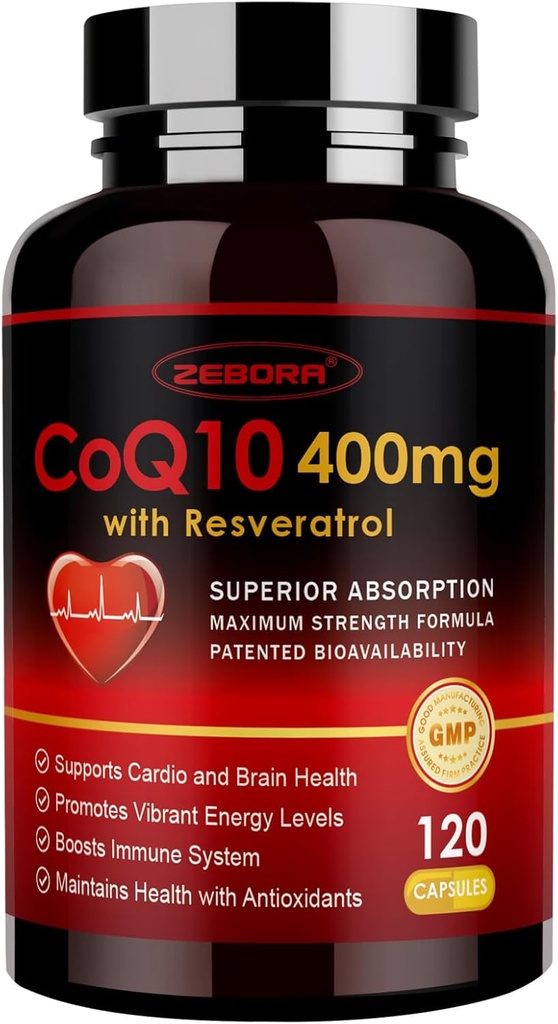 ZEBORA CoQ10- 400mg med trans- Resveratrol, PQQ & E-vitamin - High Absorption Coenzyme- Q10 med BioPerine - Kraftig antioxidant til hjerte & energiproduktion, 120 Veggie kapsler
