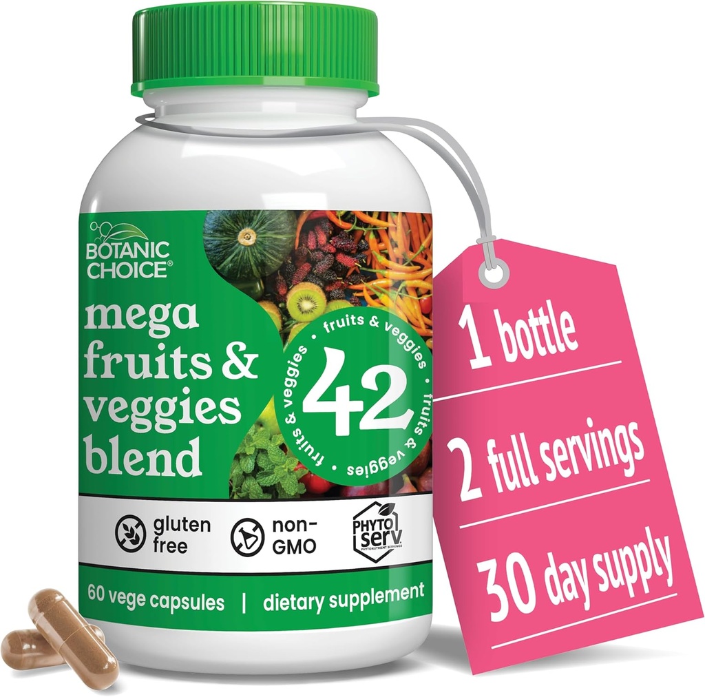 Botanic Choice Mega Fruits and Veggies Blend - 42 Fruit & Vegetable Superfood Capsules - Elderberry, Chlorella, Kale - Supplements - 60 Capsules