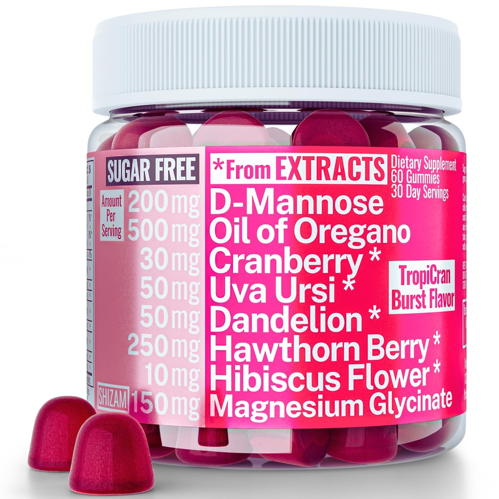 SHIZAM Vaginal Urinary Tract Yeast Candida pH Support Sugar Free Gummies w Oil of Oregano Uva Ursi Cranberry D- Mannose Hawthorne Berry, Vaginal Probiotika Supposities Wash Cleanse Alt
