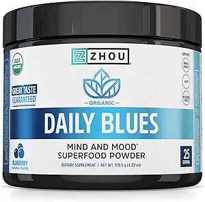 Zhou Daily Blues - Blue Spirulina Powder Organic, Blue Algae Energy Superfood supplement til Smoothie, Vegan Drink Mix - Blueberry Flavor, 4.22 oz (25 Servere)