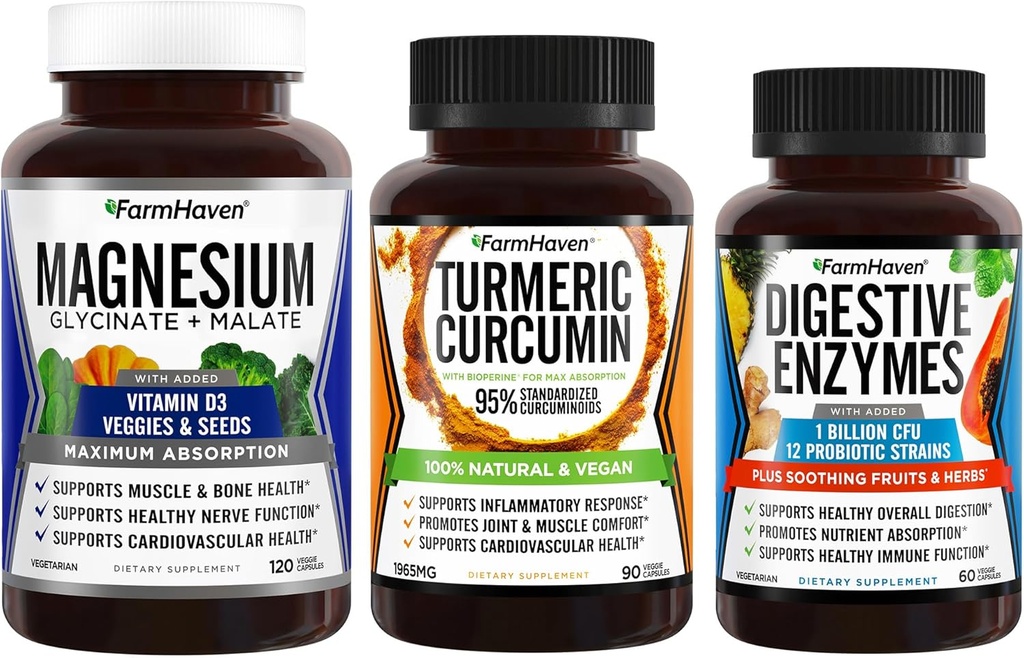 FarmHaven Magnesium Glycinat & Malat Complex w / D3- vitamin & gurkemeje med BioPerine Black Pepper & fordøjelsesenzymer med 18 Probiotika & urter