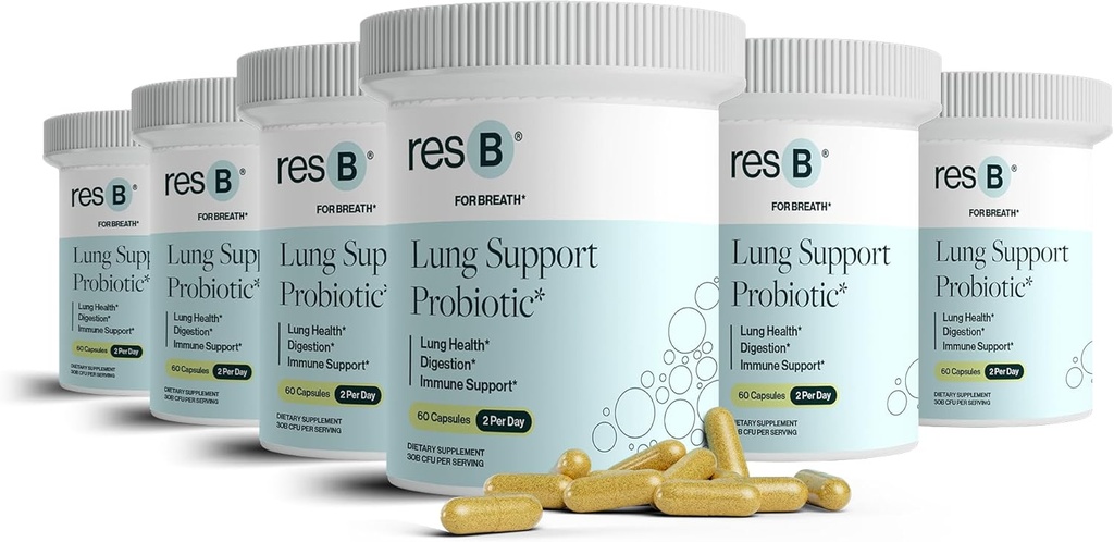 resbiotisk resB Lung Support Probiotisk supplement - Lung Health Supplement for Rygere, Gut Health, immunforsvar, Respiratoriske pleje, Holy Basilikum, Gurkemeje, Klinisk Trialed - 360 kapsler (6 flasker)