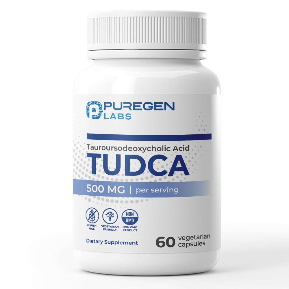 Puregen Labs TUDCA (Tauroursodeoxycholsyre) 500mg per servering, Bile Salts Lever Supplement 124; Ingen skadelige tilsætningsstoffer • 124; Non- GMO • 124; Gluten Free • 124; Fremstillet i USA - 60 Vegetariske kapsler