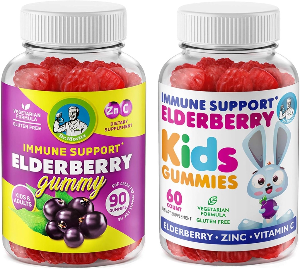 DR. MORITZ Elderberry Gummies for Kids and Family- Immunsystem Booster og sundhedsstøtte med Black Sambucus Elderberries Extract - Vitamin og Zink Herbal Immunitet Boost supplement til børn