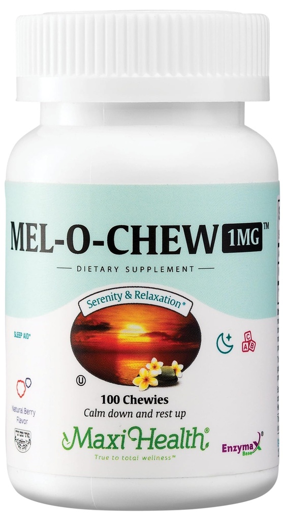 Maxi Health Melatonin 1mg Chewable - Søvnhjælp Melatonin til at fremme naturlig søvn - Ikke-Habit Forming Supplement med Enzymax for Fast- Active Support Kosher (100 Enheder)