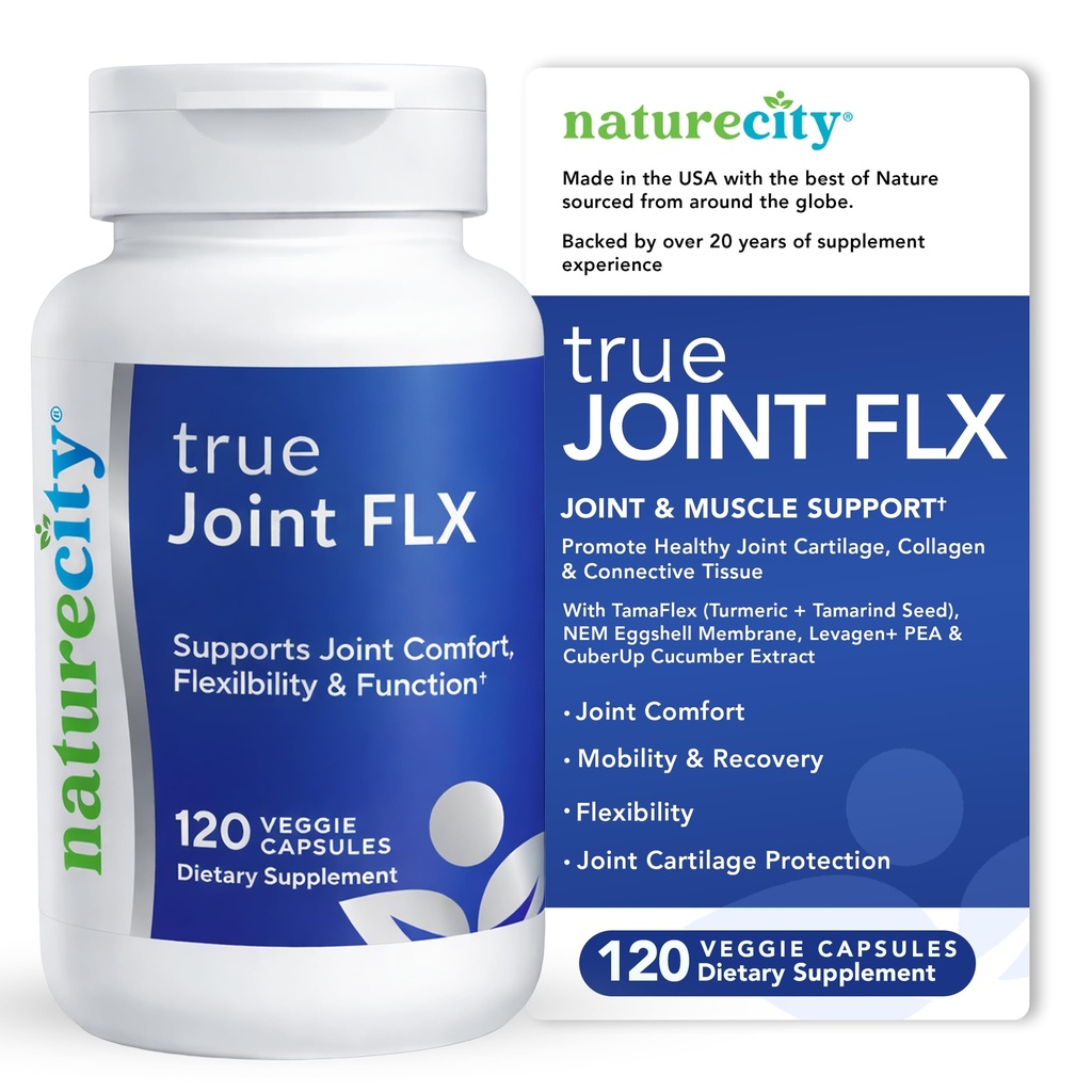 NatureCity True- Joint FLX Joint Supplement Formel (120 kapsler) Name 124; TamaFlex, NEM Eggshell Membrane, Levagen + PEA & CuberUp; Understøtter Joint Comfort, Fleksibilitet, Mobilitet, Funktion & Cartiage Sundhed