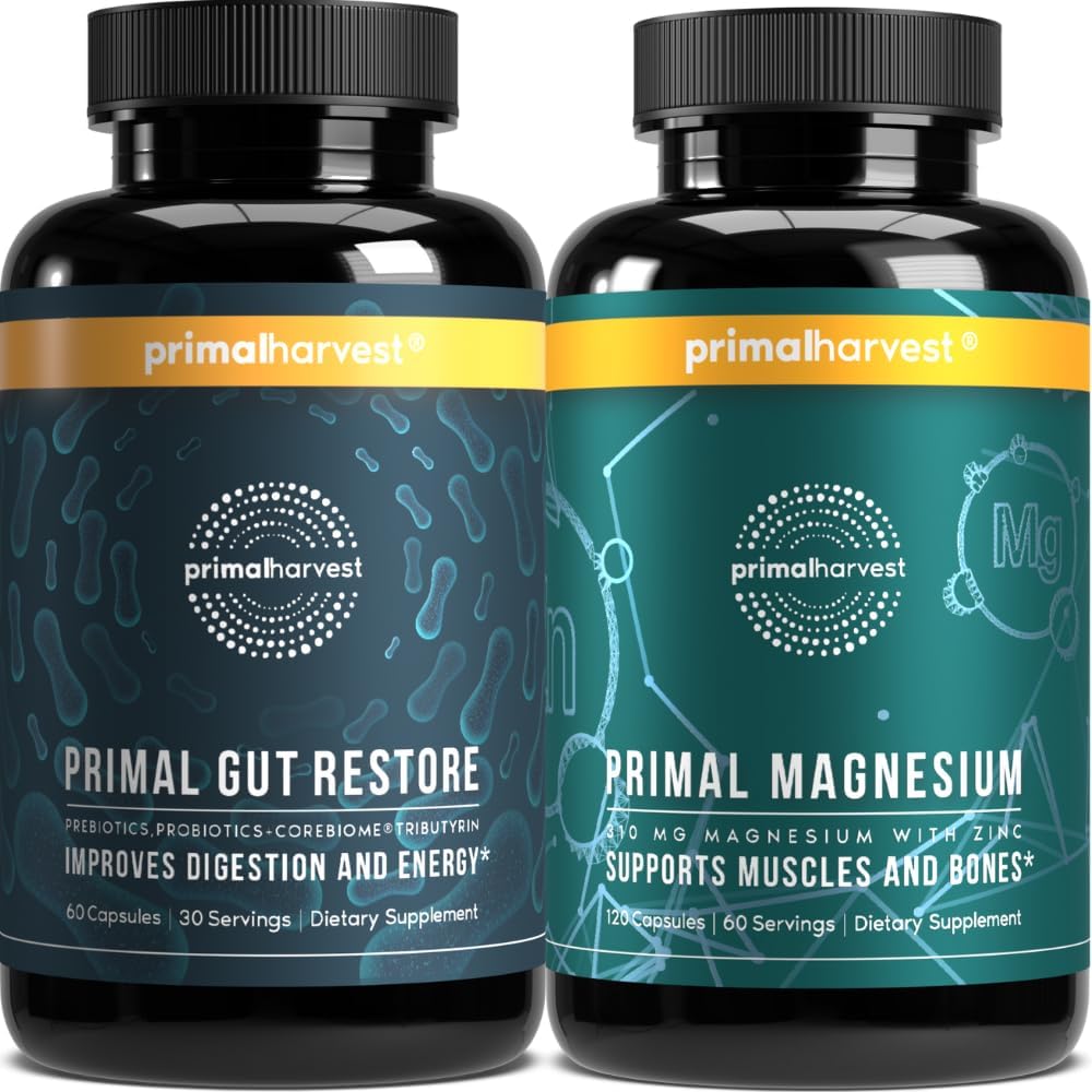 Primal Harvest Primal Gut Restore og primal Magnesium supplement 2 pakning bundle (180 kapsler)