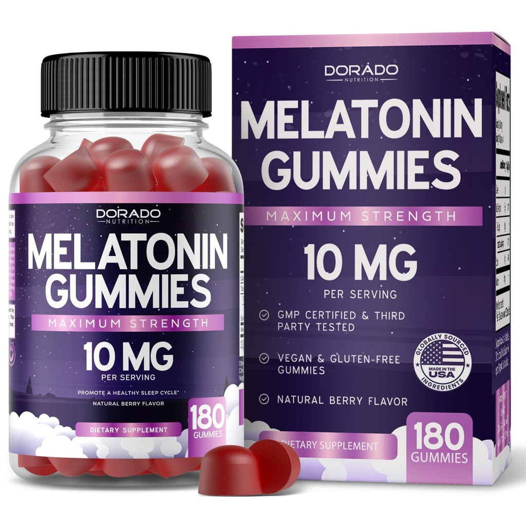 Melatonin Gummies 10mg til voksne (180 Greve) - Hurtig opløsning Melatonin Gummies - Gummies til voksne Indeholder 10mg - høj potens - blandet berry flavor - non-GMO, Vegan Supplement & Made i USA