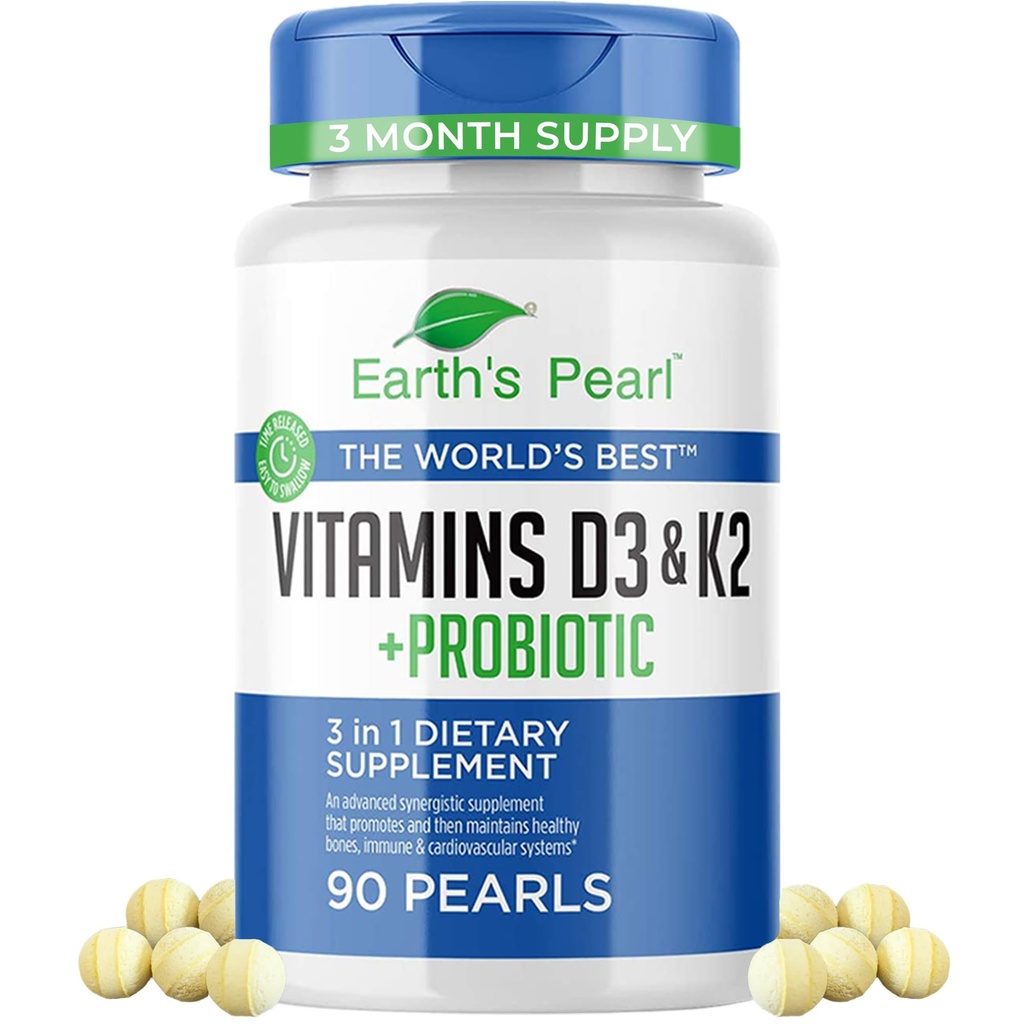 Jordens Pearl Vitamin D3 K2 5000 IE - 3- in-1 K2 D3 Vitamin supplement med Probiotika til kvinder & mænd, 3- Måned Supply, Gut Health Kosttilskud til kvinder & mænd (90 CT)