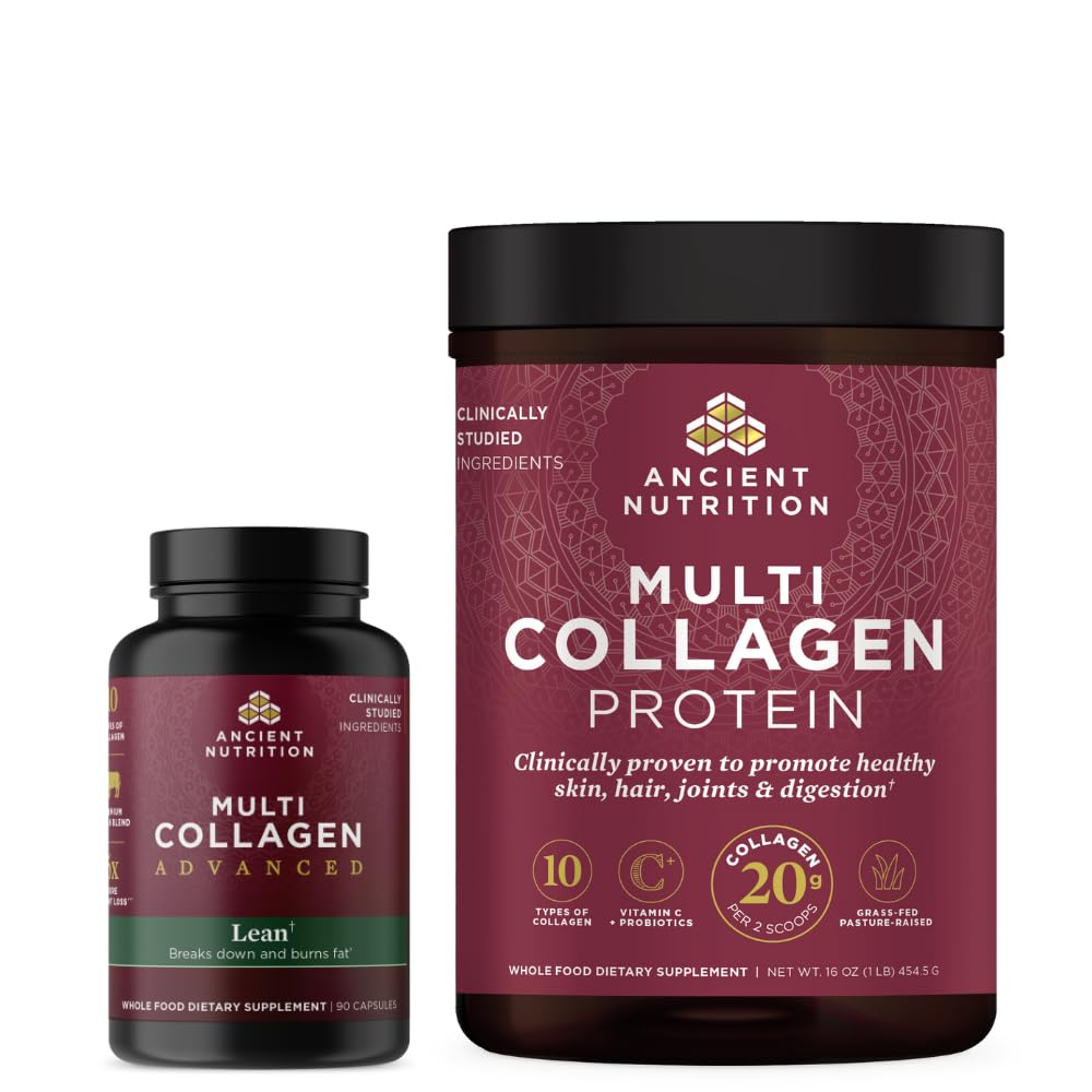 Ancient Nutrition Multi Collagen Advanced Capsules, Lean, 90 Count + Multi Collagen Protein Powder, Unflavored, 45 Servering